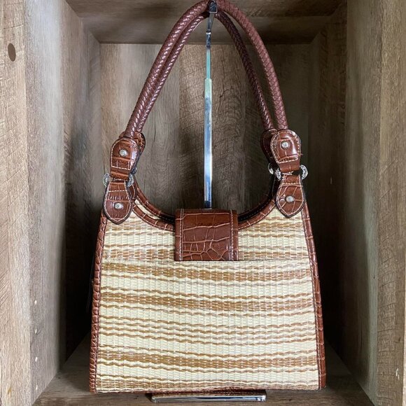 90s Vintage Hobo Shoulder Bag Purse Brown Woven Croc Embossed Western Boho - Picture 3 of 8